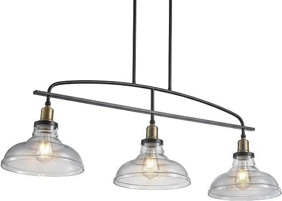 45" Industrial 3-Light Pendant Chandelier with Clear Glass Shades, Black Metal Frame, Adjustable Height, Modern Farmhouse Lighting for Kitchen Island, Dining Room, or Living Room (Bulb Not Included)