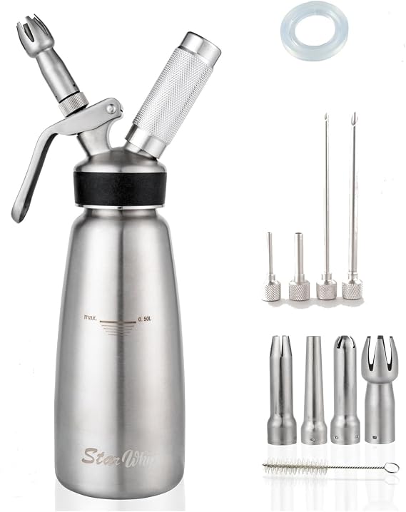 Professional 500ml Stainless Steel 304 Whipped Cream Dispenser, w/ 4 Decorating Nozzles 4 Injector tips and 1 more Rubber gasket