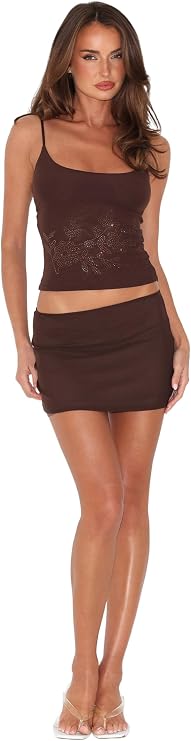 Tiger Mist Women's Octavia Low Rise Mesh Mini Skirt with Floral Diamante Detail - Chocolate Brown - S
