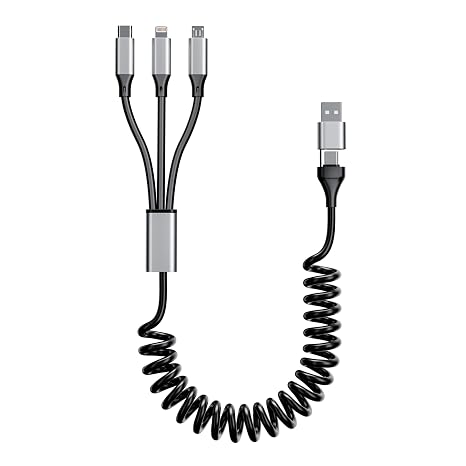 Coiled Multi Charging Cable 4FT [MFi Certified] 5 in 1 Coiled Charging Cable for Car Coiled Universal Charging Cable USB A/USB C to Lightning(Data, Carplay, 2.4A), Type-C(Charge), Micro USB(Charge)