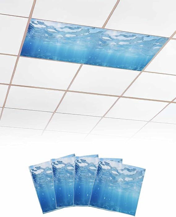 Summer 4 Pcs Fluorescent Light Covers, Ocean Blue Sea Waves Underwater Magnetic Light Filters Shade Panel Light Covers for Ceiling Lights Classroom Office Home Ceiling Decoration, 4 x 2 Ft