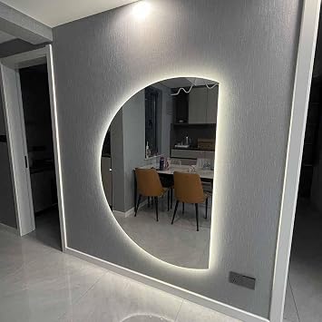 Half Moon Frameless Full length Wall Mirror 84*120cm for Entryway, 3 Color Dimmable Led Mirror, Backlit Lighted Mirror, Anti-Fog Bathroom Mirror with Smart Touch Switch ( Color : Right cut , Si