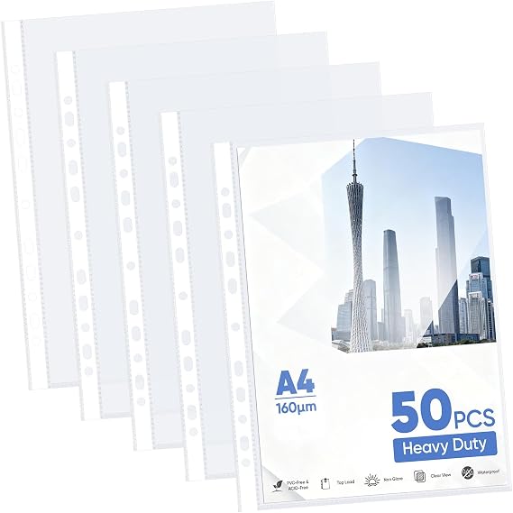 50 Pcs A4 Heavy Duty Plastic Punched Pockets, 160 Micron Durable Clear File Binder Poly Pockets, 11 Holes Plastic Wallets for Ring Binder Folders and Document Storage