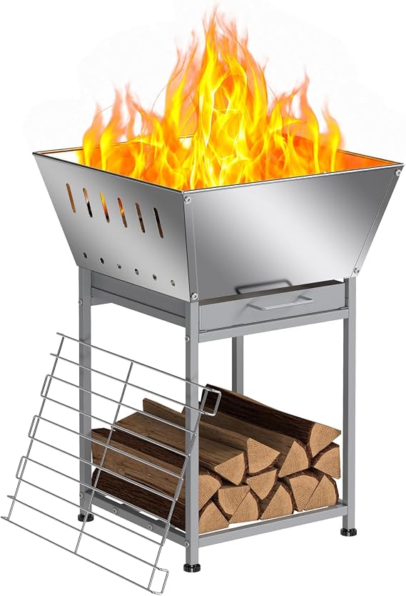 24" Fire Pit with Wood Storage, Fire Pits for Outside Wood Burning, Silver
