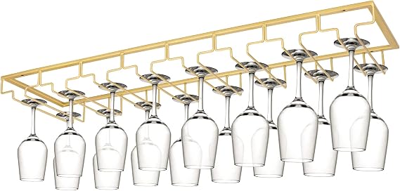 Xverycan 8 Row Wine Glass Rack Under Cabinet Large Capacity | Stemware Hanger for Wine Goblet, High Quality Metal with Gold Fine Glitter Paint, for Bar Counter, Kitchen, Screws Included