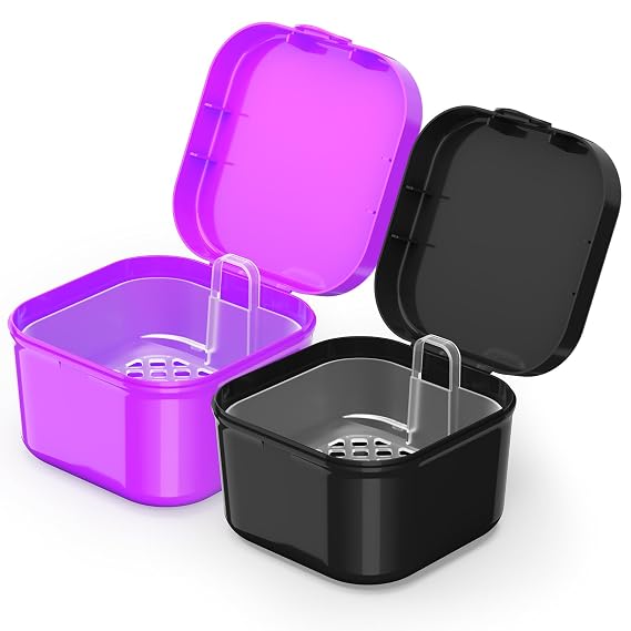 BVN 2 Pack Denture Bath Case and Retainer Case Denture Cups for Soaking Dentures Holder False Teeth Container Mouth Guard Storage Case Cleaning