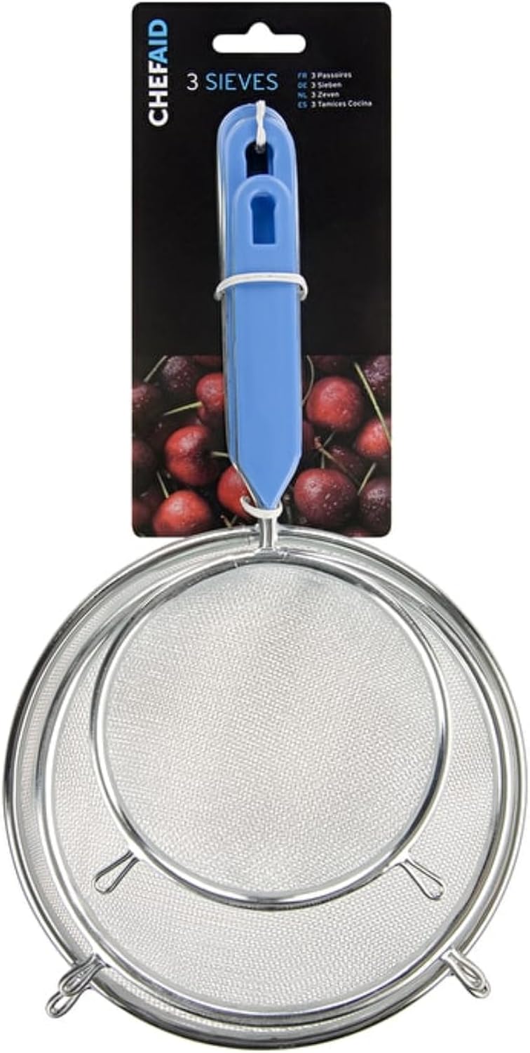 Chef Aid Chrome Plated Strainers, 3 Piece Set, Silver, 24.5cm, 30cm, 32cm, Durable Fine Mesh Sieve Set for Sifting, Straining & Draining