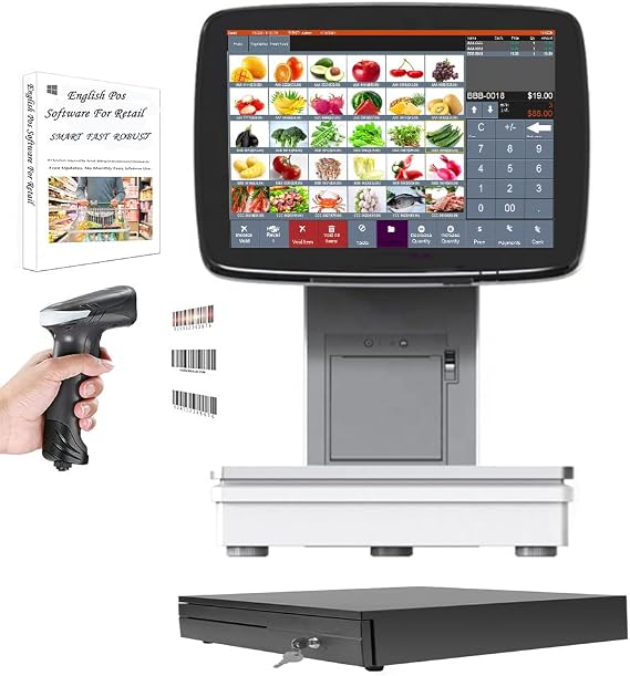 MEETSUN All in One POS System,Cash Register for Restaurant, Includes Touch Screen Cash Register,58MM Thermal Printer,Cash Drawer,80mm Kitchen Printer,Windows 10pro, POS Software (A6C-CY004)