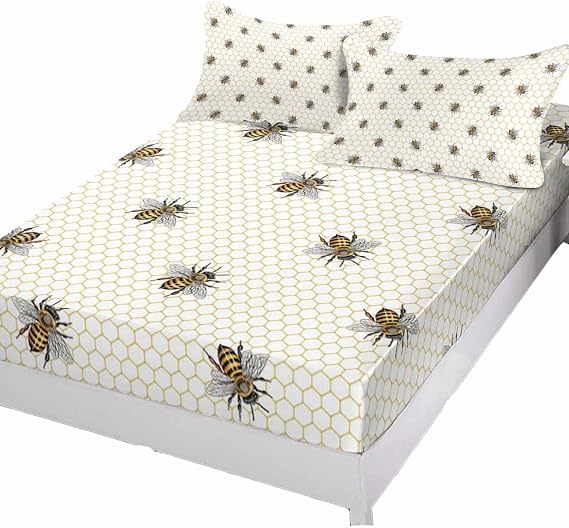 Farmhouse Garden Bees Honeycomb Fitted Bed Sheets California King Size Fit 5-16inch Deep Pockets,Luxury Bottom Sheet Bedding Set with Pillow Case,Geometric Gold Hexagon Fitted Sheet for Mattress