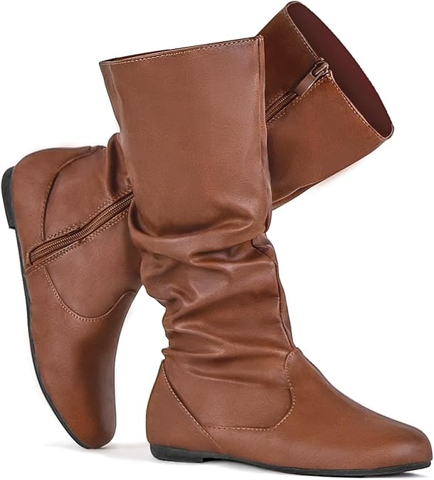 katliu Women's Slouchy Mid Calf Boots Zip up Flat Boots