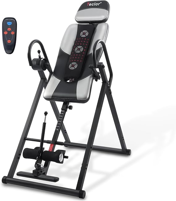 Teclor Inversion Table,Advanced Heat and Massage Function,Strength Training Inversion Table for Back Pain Relief,Heavy Duty Inversion Table 350 lbs Capacity with Wider and Thickened Backrest