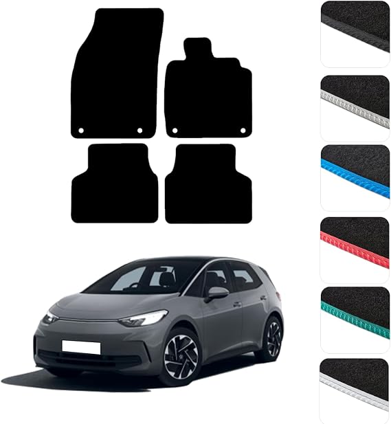 GCM - Car Floor Mats for Volkswagen ID.3 2020 To Present Full Coverage Floor Protection - Anti Slip & Fit Car Mat with Clips Easy to Clean Car Carpet for All-Weather- Black Edging, Carpet