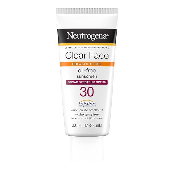 Neutrogena Clear Face Sunscreen for Acne-Prone Skin SPF 30, Broad Spectrum Facial Sunscreen Lotion, Lightweight, Non Comedogenic, Oil-, Fragrance- & Oxybenzone-Free Water Resistant 80 min, 3 fl. oz