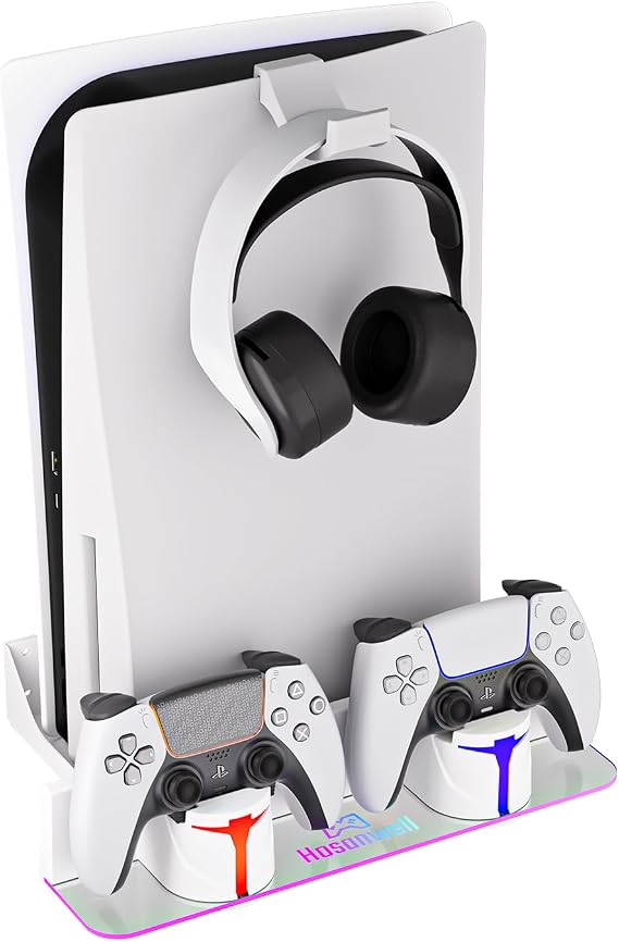 Hosanwell PS5 Wall Mount Kit with Charging Station, Compatible with PlayStation 5/Slim/Pro Disc & Digital Version, Dual Use Charging Station with Multi-Mode RGB Light, White