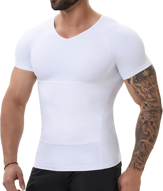 SLIMBELLE Body Shaper for Men V-Neck Elastic Slimming Waist Trainer Tummy Control Compression Shirt Men Base Layer Undershirts Compression top Shapewear