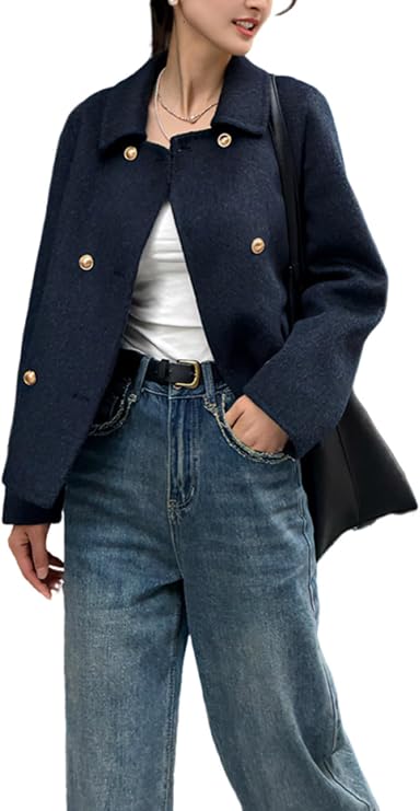 utcoco Womens Cropped Wool Pea Coats Lapel Collar Double Breasted Crop Woolen Trench Coat Short Jackets with Pockets