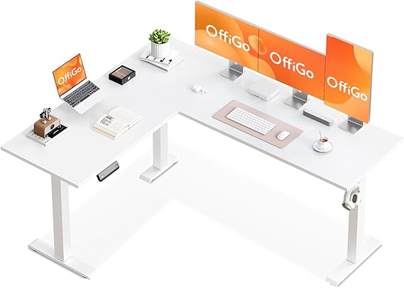 OffiGo L Shaped Standing Desk, 160×120cm Reversible Corner Desk White | Height Adjustable Desk with 3 Memory Presets, Large Workspace, Electric Rising Computer Desk for Home Office