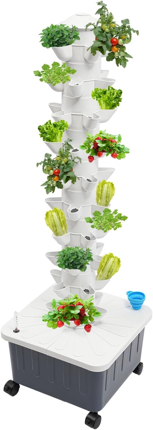 10 Tiers Vertical Hydroponic Grow Tower 50-Plants Aeroponic Tower Garden System with Lockable Wheels 20L/5.28gal Hydroponic Tower for Strawberries, Lettuce