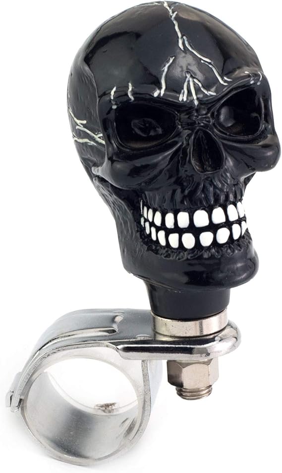 Skull Car Grip Knob Steering Wheel Suicide Spinner Fit Most Forklifts Lawn Mowers Boats Agricultural Tractors Private Off-Road Vehicles, Black