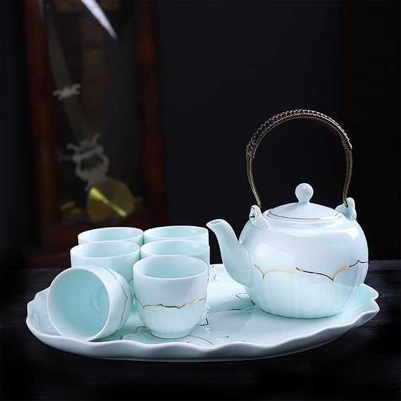Tea Ceremony Set Tea Service 900 ml Tea Kettle + 160 ml Tea Glass x 6 Teapot with Strainer Insert Teapot Ceramic Tea Gift Set Gift Tea Lovers (Kit 1)