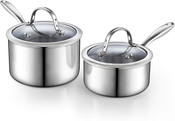 Cooks Standard Multi-Ply Clad 1.5 Quart and 3 Quart Stainless Steel Saucepan Set with Glass Lids, Small Kitchen Induction Cooking Sauce Pots Pans, Dishwasher & Oven Safe, Compatible with All Cooktops