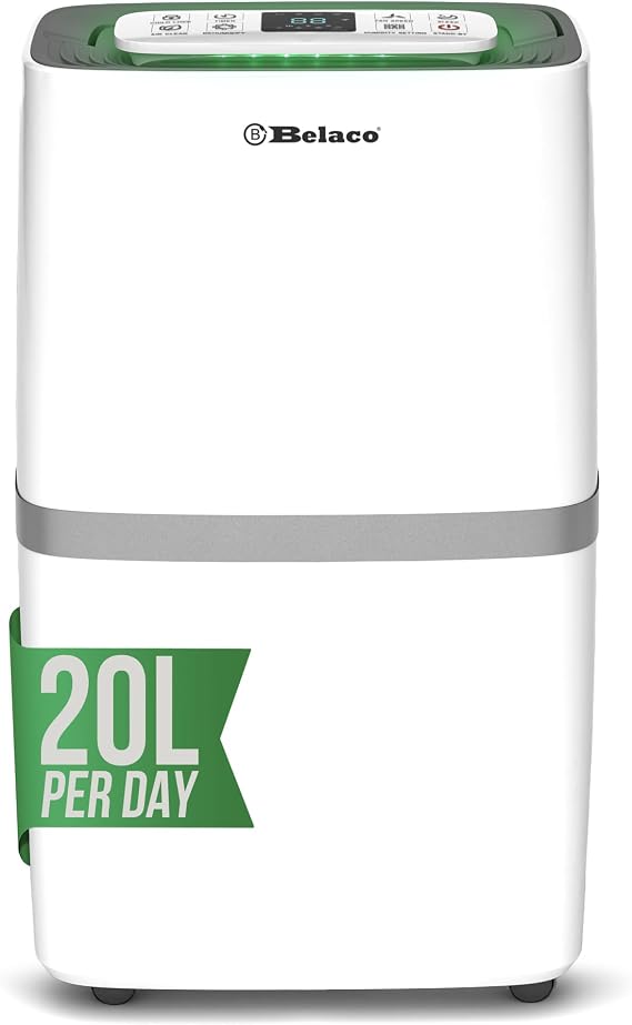 Belaco 20L Dehumidifier for Home & Office – Energy Efficient | Compressor Dehumidifier, Digital Humidity Display, Laundry Drying Mode, Auto Shut Off, Large Water Tank, Quiet Operation