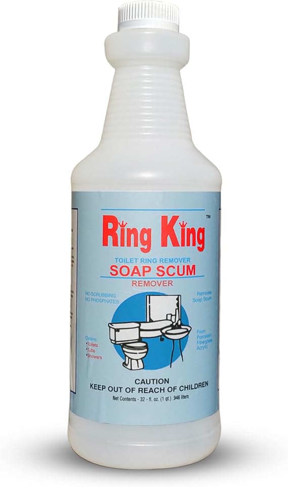 Amazon Brand - Ring King Toilet Soap Scum Remover For Shower | 32OZ Fast Acting Hard Water Stain Remover Multi-Surface Bathtub Cleaner For Tile, Glass, Limescale & Sink No Scrubbing