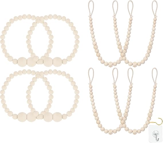 Wood Bead Curtain Tiebacks, 8 Pack Curtain Holdbacks for Draperies, Elegant Curtain Tie Backs for Bedroom Decor, Boho Room Decor, Nursery Decor, Farmhouse Decor