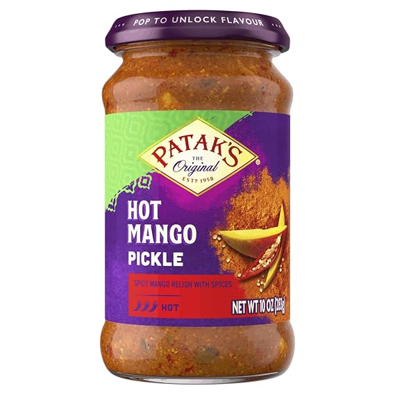 Pataks Hot Mango Pickle - Authentic Indian Relish w/Mango Chunks, Mustard Seeds & Aromatic Spices Perfect for Sandwiches, Salads & Cold Meats - Vegan Spicy Pickle - 10oz Jar (Pack of 1)