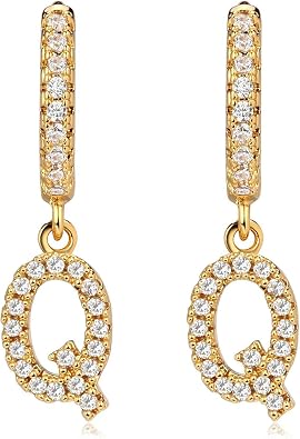 Fettero Initial Earrings Huggie Hoop Letter Diamond Cubic Zirconia Alphabet Dangle Drop 18K Gold Plated Small Simple Hypoallergenic Personalized Jewelry Gift for Women A-Z