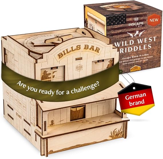 INSCAPE Wild West Riddles Cluebox Puzzle Box for Adults Wooden Escape Room | Western-themed Wooden Brain Teaser Game - Hidden Compartments Unlock Step By Step - Gift Idea For Men And Women