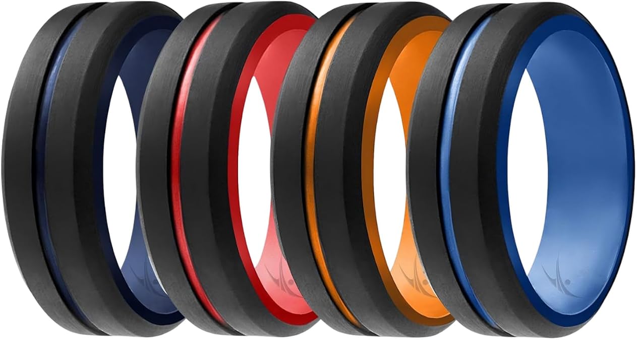 ROQ Men's Silicone Rings - Mens Silicone Wedding Band & Rubber Engagement Ring for Men - Breathable Comfort Fit Silicone Rings for Him - Engraved Middle Line - Singles, Duos, Multipacks & Multi Colors