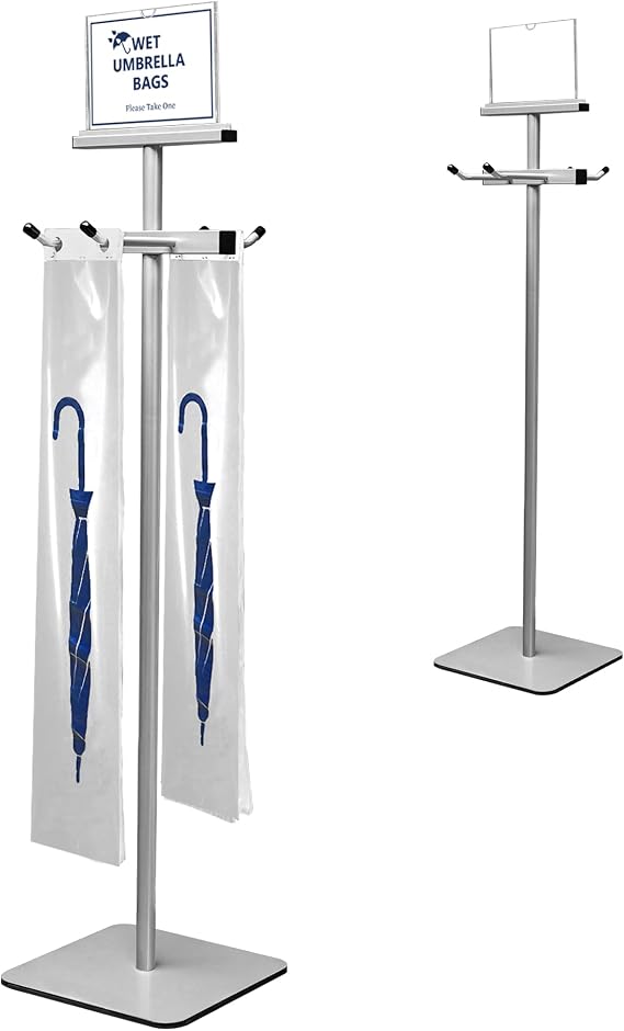 Montex Wet Umbrella Bag Stand with Free 200 Large Plastic Disposable Bags, Umbrella Holder Stand, Silver | Umbrella Holder Stand, Reinforce the Metal Frame and the Heavy Square Base to Save Space
