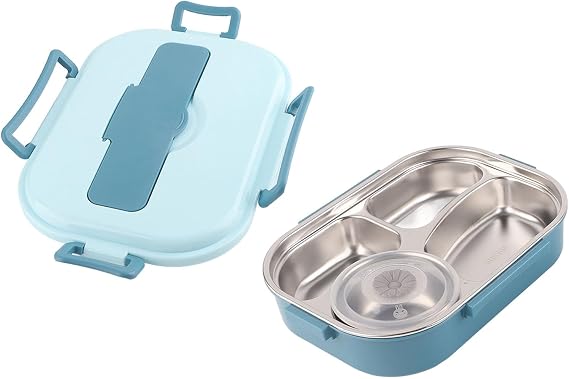 ZASCHMOY Portable Stainless Steel Lunch Box with 4 Grid Food Storage Container for Adult Students, Tableware (Four-compartment lunch box with soup bowl: blue)