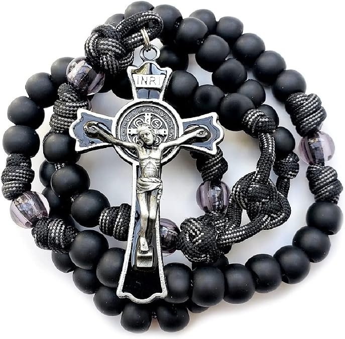 Rugged Rosaries BLACK MONK ROSARY with Black Enamel Gunmetal Crucifix - Catholic Gifts
