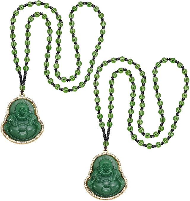 UNICRAFTALE 2Pcs Laughing Buddha Pendant Necklace Buddha Beads Chain Necklace Green Imitation Jade Buddhas Guanyin Crystal Beaded Rope Chain Gemstone Lucky Amulet Jewelry Gift for Women Men 24 61cm