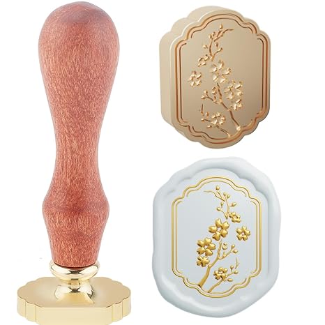 1pc Orientalism Flower Wax Seal Stamp Frame View 3D Plum Blossom Sealing Wax Stamp 23.5x23.2mm Removable Brass Stamp Head with Wooden Handle for Envelopes Invitation Embellishment Decor