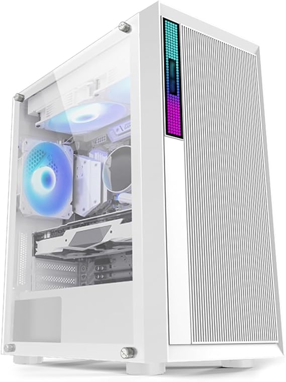 XLTFUC Mid-Tower E-ATX/MicroATX/ITX Computer Case, Tempered Glass Panel Grid Front Panel, Vertical GPU Bracket Support Water Cooling RGB Mode(White)