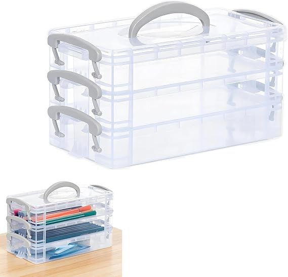 3 Tier Pencil Box with Handle, Stackable Plastic Pencil Box with Snap-Tight Lid and Handle, Portable Pencils Case for Pens, Beads, Jewelry, Stickers, Art and Office Supplies.