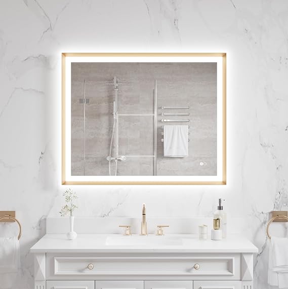 WELLFOR 40" x 32" LED Framed Mirror Backlit and Front Lighted Mirror for Bathroom Hotel, Bathroom Vanity Mirror Includes Dimmer Defogger, Vertical/Horizontal Mounted, Rectangle (Brushed Gold)
