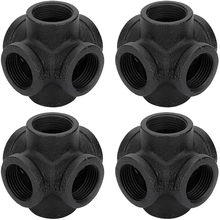 1 Black Pipe Fittings 6-Way Side Outlet Tee - Home Expert 4 Pack Malleable Cast Iron Threaded Pipe Fittings 6-Way Side Outlet Cross for Industrial Pipe Shelves Bracket Vintage Pipe Furniture