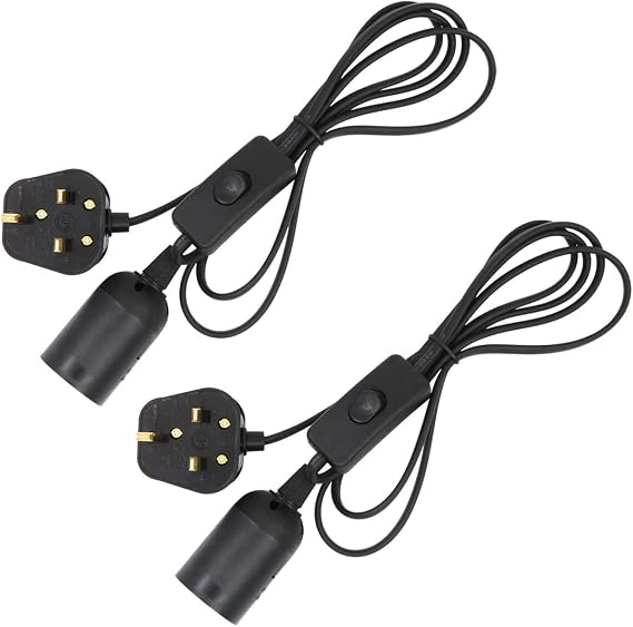 2 Pack E27 Lamp Holder Socket,Pendant Light Ceiling Lighting Suspended Hanging Light Fitting Cable Plug with On/Off Switch-UK Plug for Ceiling Lamps Table Floor Lights (Black)