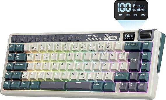 RK ROYAL KLUDGE M70 Mechanische Tastatur Kabellos 75% Gasket Gaming Tastatur mit Makrotasten und Akku-Anzeige QWERTZ RGB 24 G/BT/USB-C 6000 mAh PBT-Tastenkappen Hot Swap Creamy Switches