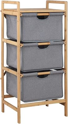 Bamboo Laundry Basket Tower - 3-Tier Bathroom Dresser with Pull-Out Fabric Baskets
