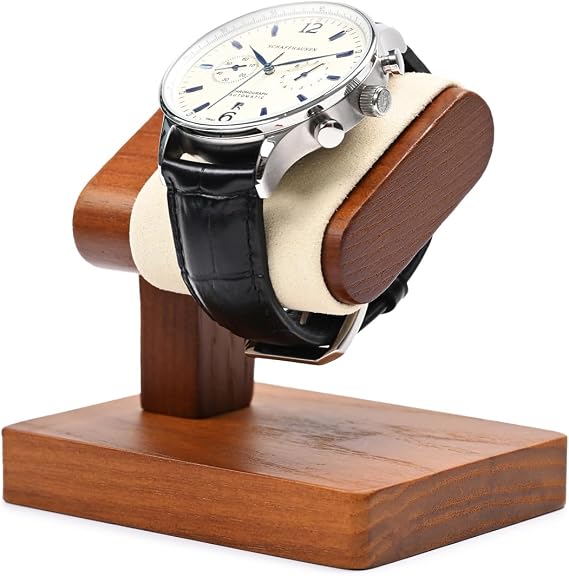 Solid Wood Single Watch Display Stand Wristwatch Holder | with soft grey microfiber cushion, slip-resistant, ideal for daily storage,retail display and professional watch photography