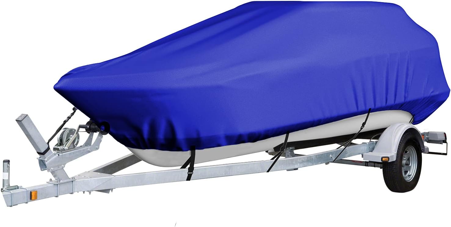 Bass Boat Cover,Trailerable Boat Covers Waterproof Heavy Duty Uv Resistant Marine Grade 420D Oxford Center Console Cover Outboard Cover Fits V-Hull, Runabout Boat,Blue,25~27FT