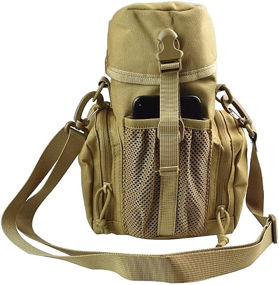 Molle Water Bottle Holder for 64 oz Bottles - Carry, Protect and Insulate Your Flask with Military Grade Carrier 2 Zipper Pockets and an Adjustable Shoulder Strap (Tan)