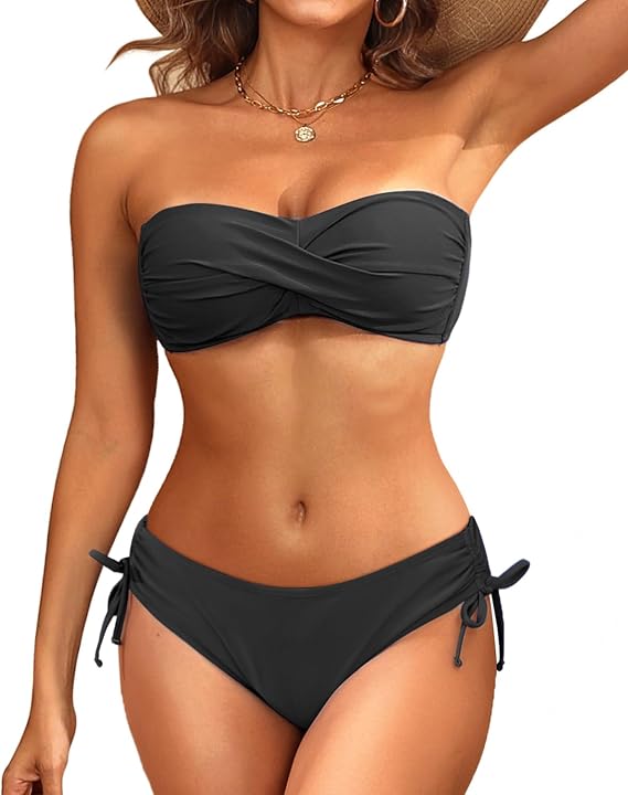 Tempt Me Women Strapless Bandeau Bikini Set Twist Front Two Piece Swimsuit
