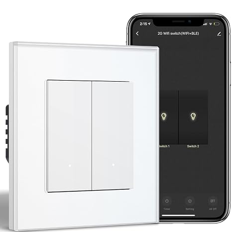 Smart Light Switch,Intelligent WiFi Wall Switch for Smart Home,Compatible with Alexa,Google Home(via Tuya/Smart Life App),2 Gang 1 Way 86 * 86mm,White