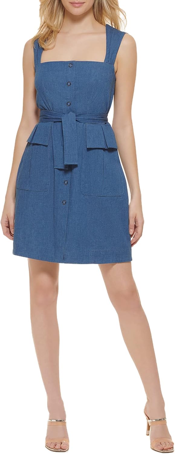 DKNY Womens Washed Denim Sleeveless Tie Waist Dress